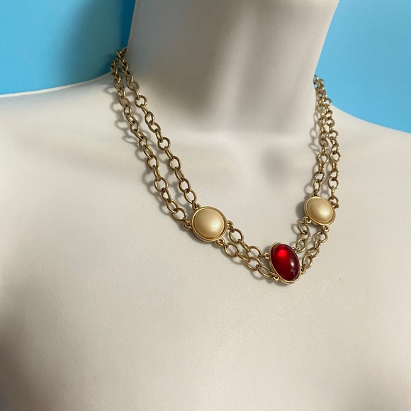 Faux Pearl & Red Cabachon Toggle Clasp Gold Chain Double Strand Necklace - Picture 1 of 6